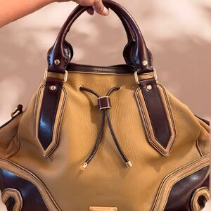 Burberry Tan and Dark Brown Leather Drawstring Tote